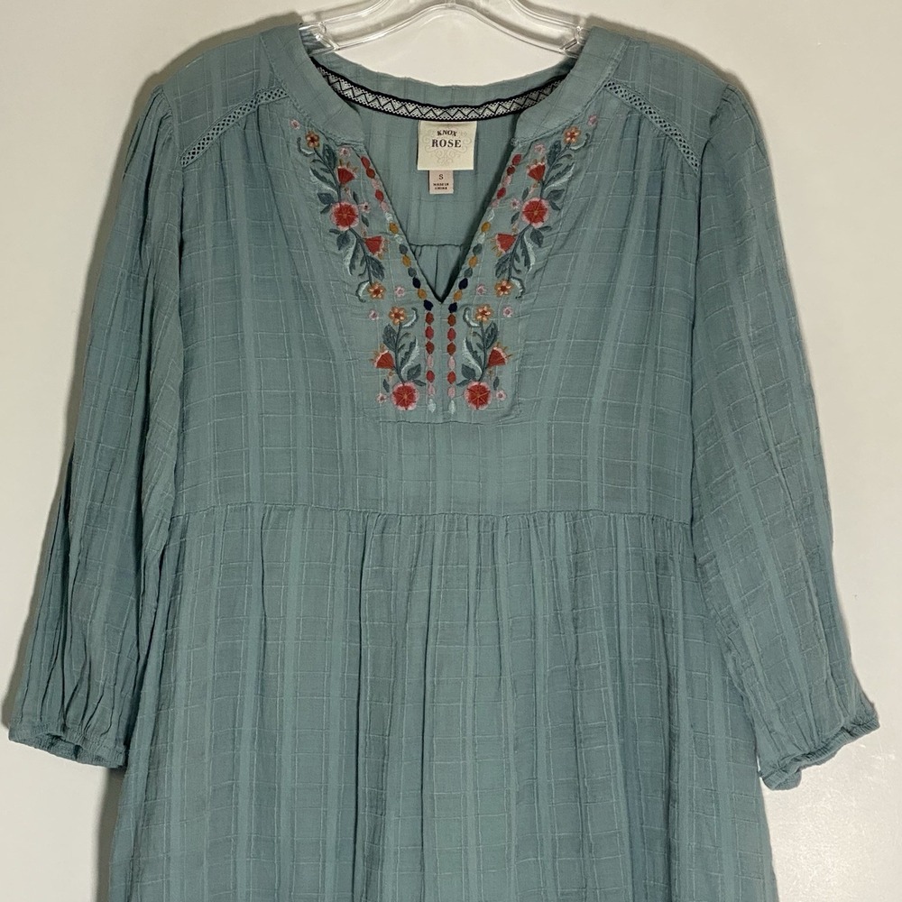 Knox Rose Dress Womens Small Blue Embroidered 3/4 Sleeve Tunic Boho Pockets Tier - Picture 2 of 15